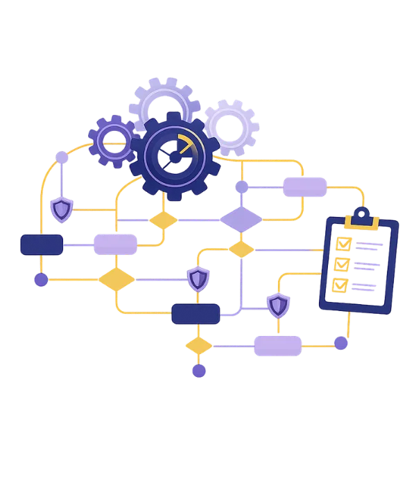 Gears, a workflow and a checklist representing organisational readiness.