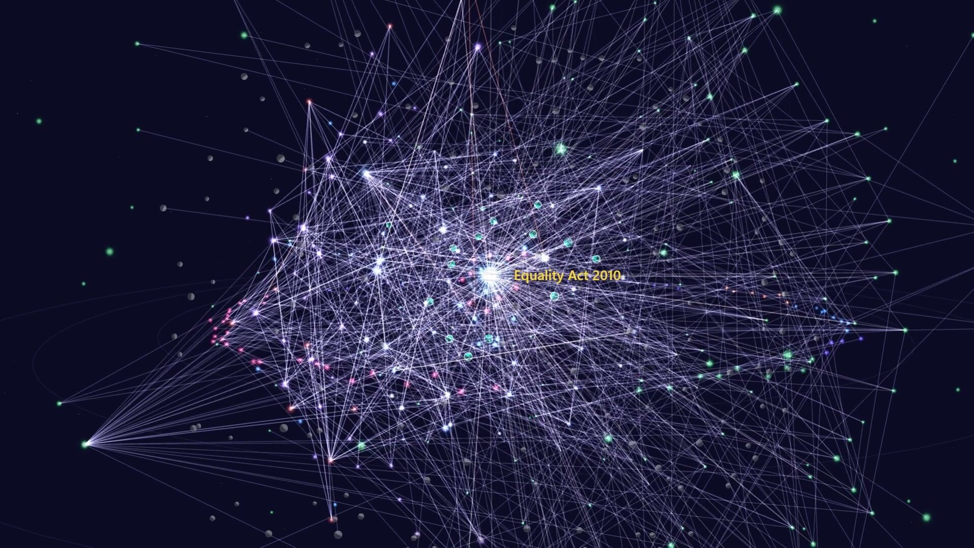A dense field of linked points of light representing UK legal authorities on trans inclusion, with one held in a gold ring.